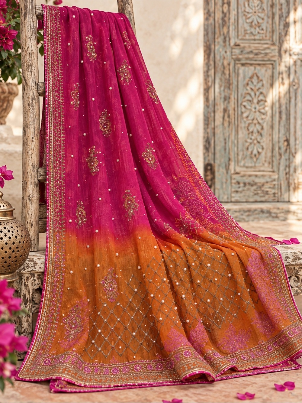 ✨ Fuchsia Orange Indian Dupatta Embroidered Sequin Pearl Beaded Wrap